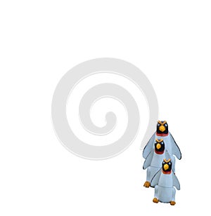 Three sculptures of penguins stand one by one, isolated, white background