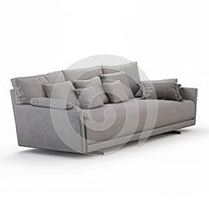 Three-seater sofa with pillows on a white background 3d