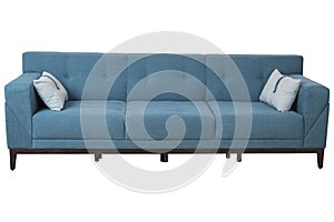 Three seats cozy modern designed sofa with turquoise color fabric and light blue pillows isolated on white background