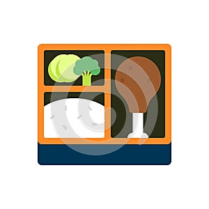 Three-Section Bento Box with Chicken Drumstick, White Rice, and Mixed Vegetables