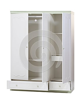 Three-section wardrobe with open doors isolated over white