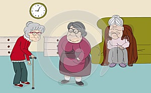 Three senior women, old ladies, cute grandmothers in the senior rest house. Original hand drawn illustration photo