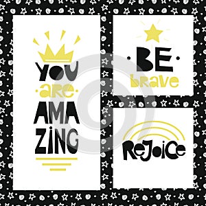 Three sentences on black background of stars and spirals. Be brave. You are amazing. Rejoice.