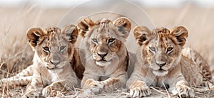 Three serene lion cubs gaze ahead from Kenya\'s grassy savannah, embodying Africa\'s vibrant wildlife tapestry