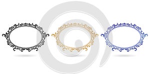 three set of vintage frames ellipse ornament Elegant elements isolated white backgrounds for screen printing,