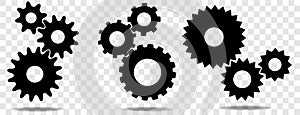 Three sets of black cogs (gears) with shadow