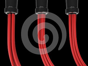 Three sets of red cables plugged in black jacks