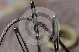 Three sewing needles are inserted into a spool of thread. close-up
