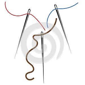 three sewing needles - with a red thread, a blue thread and a thin twisted rope