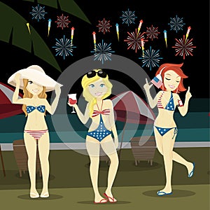 Three girl celebrating 4th of july on a beach wear bikini