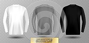 Three shades of white, gray and black long sleeve t-shirt. Vector mock up.