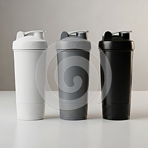 Three shaker bottles in white, gray, and black