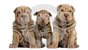 Three Shar Pei puppies sitting, looking at the cam photo