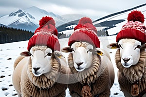 Three Sheep Clad in Cozy Red Knitted Beanies, Positioned Amidst a Pristine Snow Cove