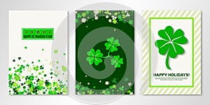 Three sheets with four leaved greenery clover, shamrock confetti. Vector flyer design templates for Saint Patrick`s Day