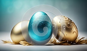 three shiny blue and gold easter eggs on a white surface with a feathery edge and a blue background with a blue and gold egg