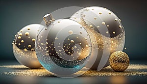 three shiny christmas ornaments with gold and blue glitters on them.