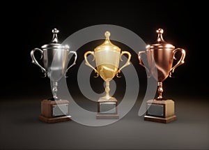 Three shiny Cup winners on black background. Gold, silver and br