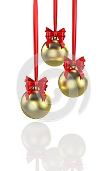 Three shiny gold christmas balls with red baw. 3D Illustration