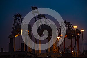 Three shipping cranes in the Los Angeles terminal at dusk