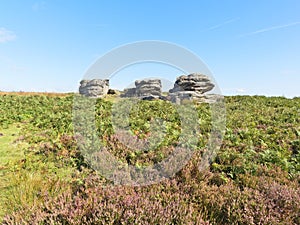 The Three Ships gritstone outcrop on Birchen Edge, Derbyshire