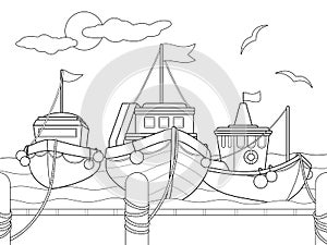 Three ships at the pier. Boat dock. Children coloring book.