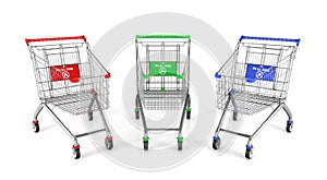 Three shopping cart in different colours.