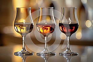 three shot glasses with different types of wine