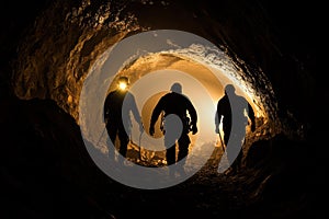 Three Silhouetted Figures Walking Through a Cave Entrance with Headlamps photo