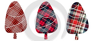 Three silhouettes of a tree on a checkered red background. Can be used as stickers, magnets, cut out and turned into decorations,