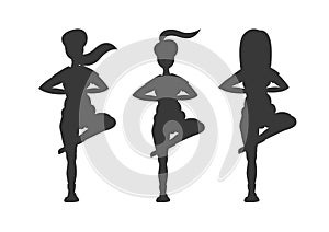 Three silhouettes of woman practicing yoga. Tree pose, Vrikshasana pose. Vector illustration