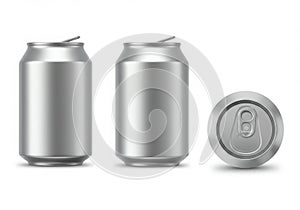 Three silver aluminum beverage cans with pull tabs isolated on white background