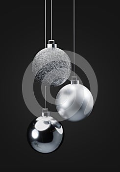 Three silver Christmas balls hanging on gold strings 3d render illustration. Christmas decorations.