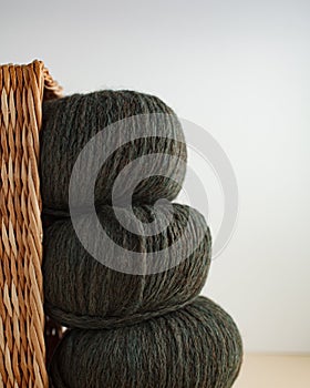 Three skeins of yarn. Nice photo for a hobby, vertical orientation. Hobby aesthetics.