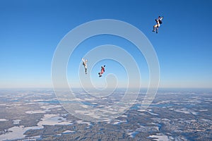 Skydiving. A team jump in the sky.