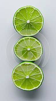 three slices of green lime on a white background