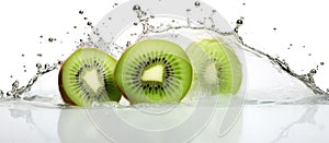 Three slices of Hardy kiwi fruit are dropping into a bowl of water