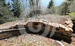 three slits for soldiers with sandbags for protection from enemy attacks in a trench dug