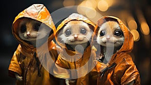 Three small animals wearing orange raincoats and hoods, AI