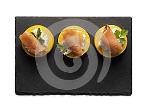 Three small appetizer with salmon