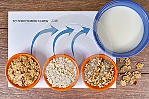 Three small bowls with different cereals and bowl with milk, business strategy, decision making, choice.