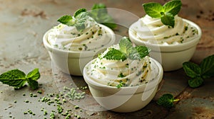 Three small cups of whipped cream with mint leaves on top, AI