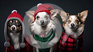 three small dogs dressed in winter clothes