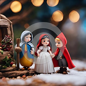 three small figurines of snow - dressed people near a birdhouse