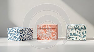 Three Small Gift Boxes with Floral Patterns on White Background