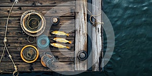 Three small golden fish and fishing gear arranged neatly on a wooden dock beside deep blue water, captured from a top photo