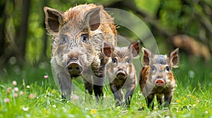 Three small pigs in meadow, one gazes at camera