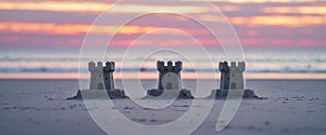 Three Small Sandcastles on a Beach at Sunset.