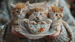 Three small to mediumsized cats are sitting in a cup of tea photo