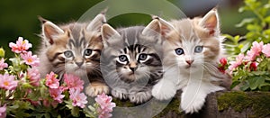Three small to mediumsized cats with whiskers sitting next to flowers